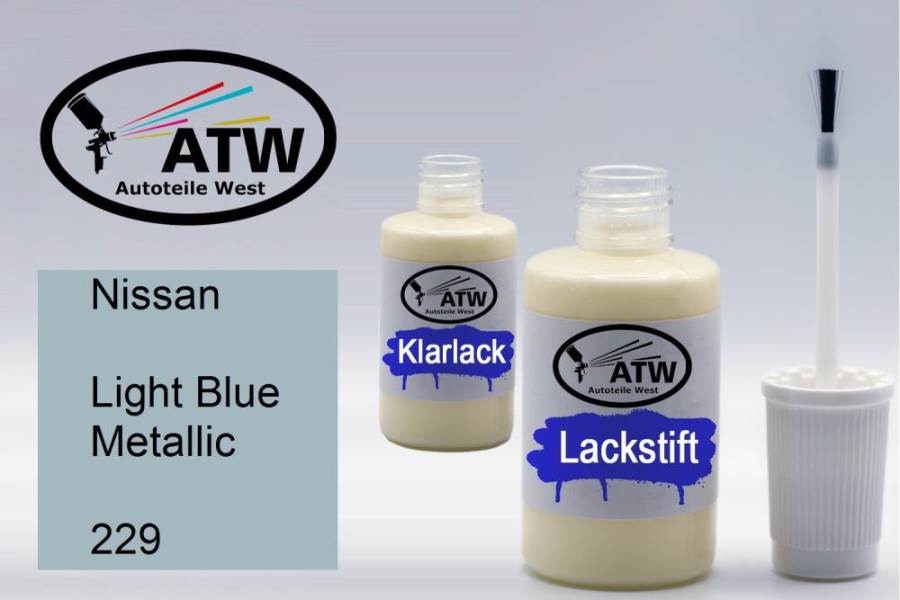 Nissan, Light Blue Metallic, 229: 20ml Lackstift + 20ml Klarlack - Set, von ATW Autoteile West.